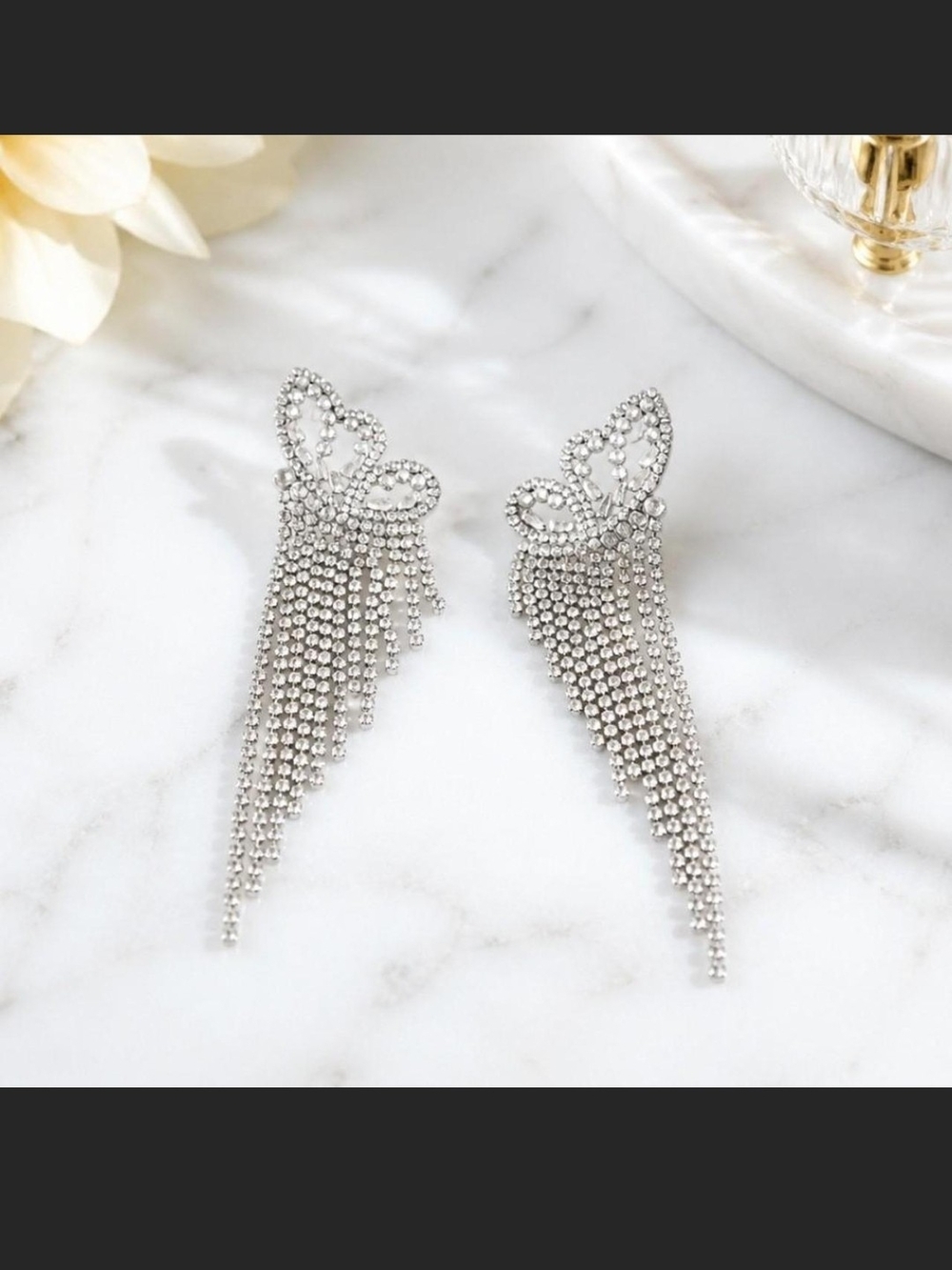 Silver Butterfly Rhinestone Fringe Earrings for Women